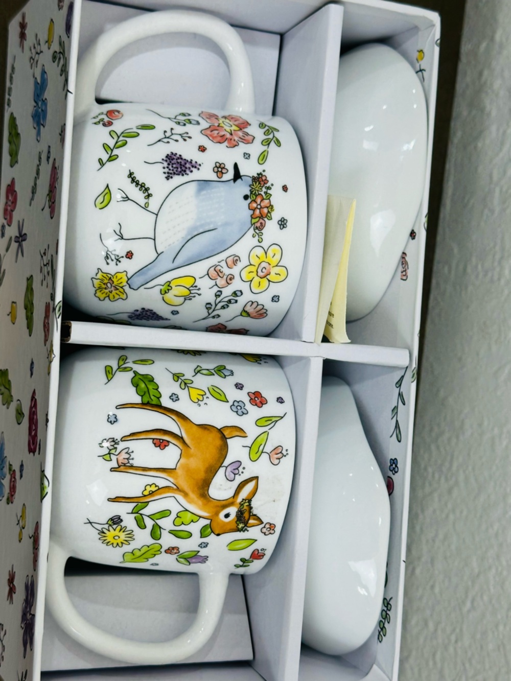 White Floral Woodland Ceramic Mug and Bowl Set - Illustrated Animals - Picture 5 of 8